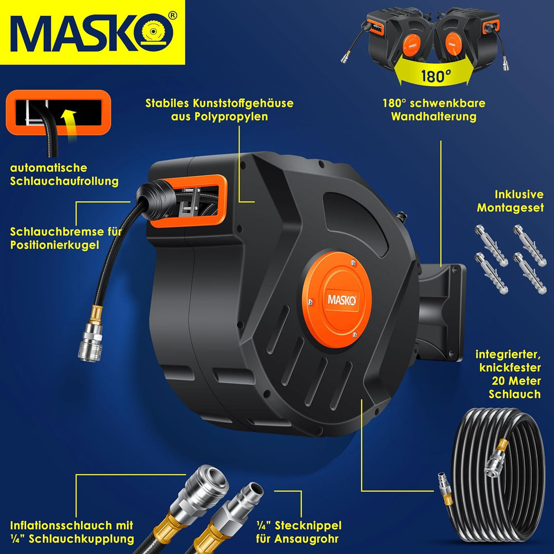 MASKO® Automatik Druckluftschlauch Aufroller 20m – Schlauchtrommel mit 1/4" Anschluss, Schlauchaufro