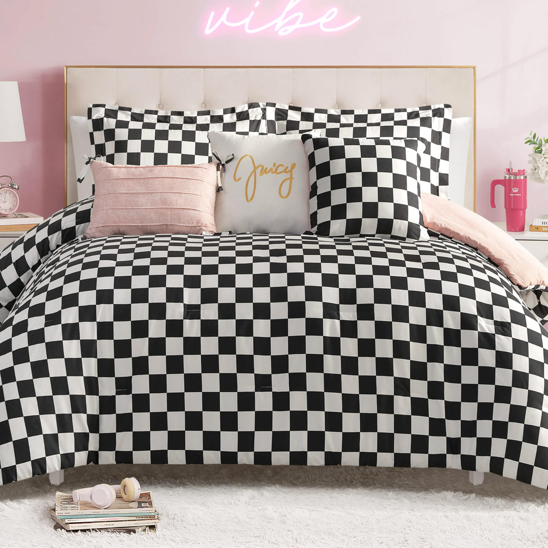 Juicy Couture-Wende-Steppdecken-Set, Schachbrettmuster, 6-teilig, King-Size-Set, Schwarz/Weiss King