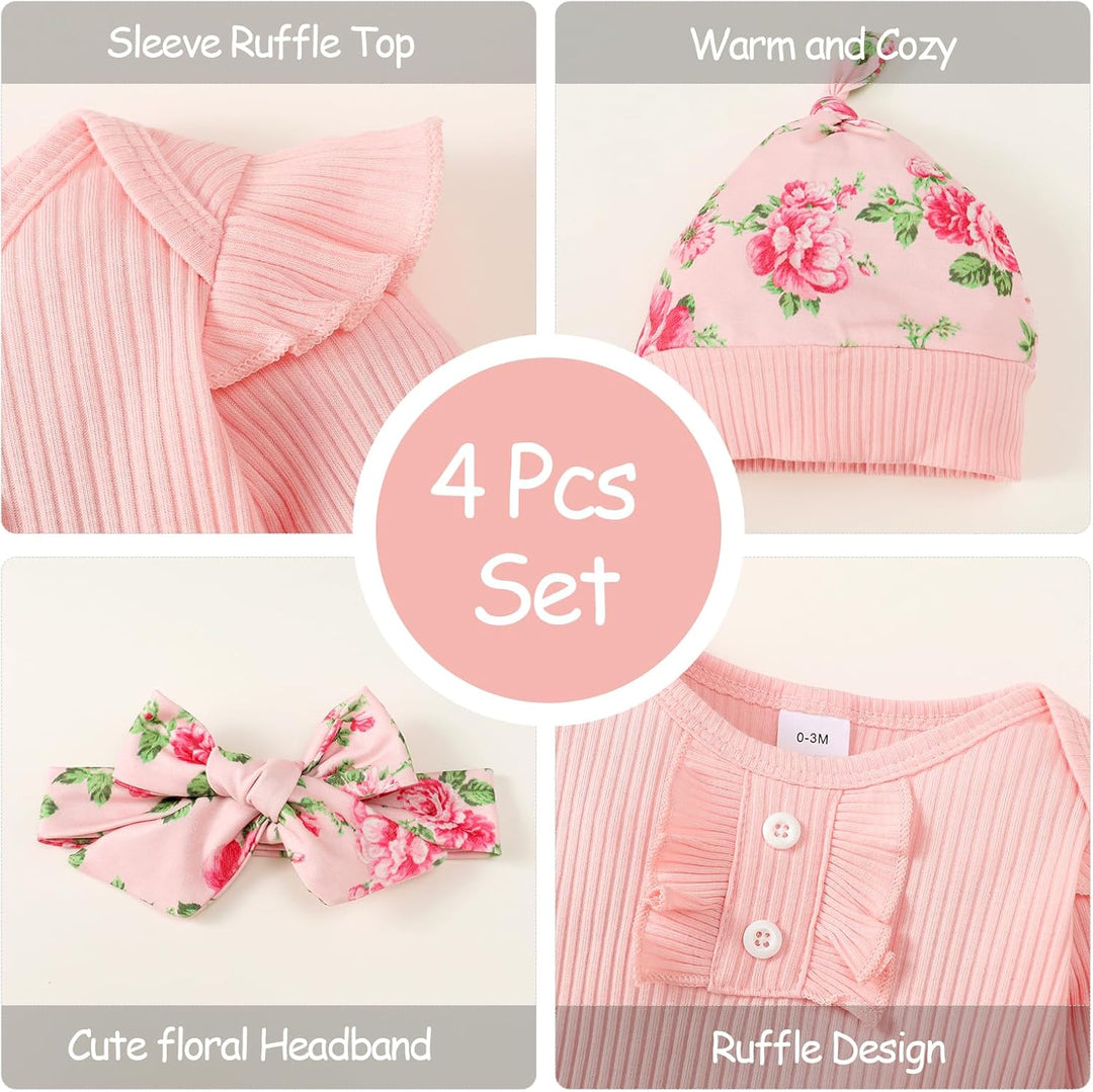 Neugeborenes Baby Mädchen Kleidung Kleinkind gerippt Ruffle lange Ärmel Strampler+ Floral Hosen+ Sti