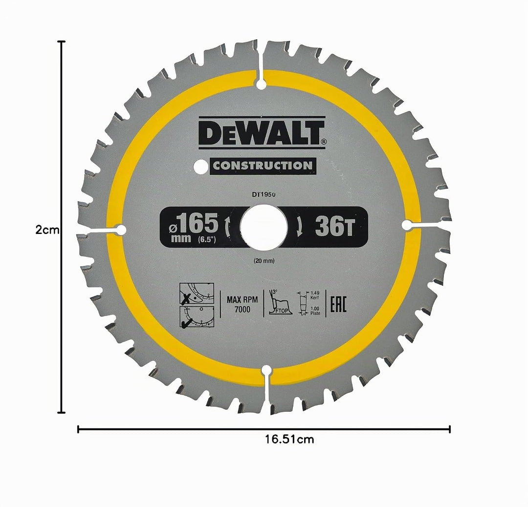 Dewalt Bau-Kreissägeblatt Construction für Akku-Handkreissäge DT1950 (165/20mm 36WZ, 20° Zahnwinkel,