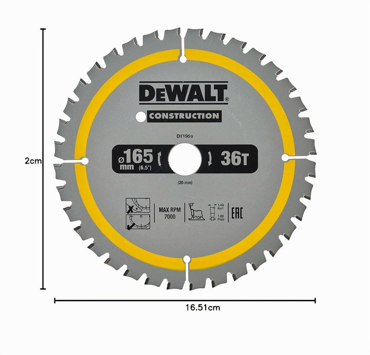 Dewalt Bau-Kreissägeblatt Construction für Akku-Handkreissäge DT1950 (165/20mm 36WZ, 20° Zahnwinkel,