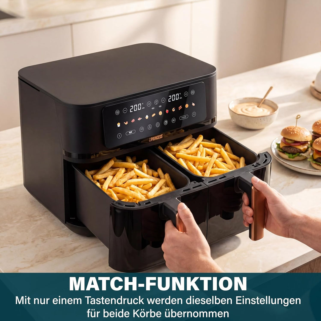 Princess Doppel-Heissluftfritteuse 9L 3100W – Zwei Garzonen mit Sync-Finish-Funktion, grosse Kapazit