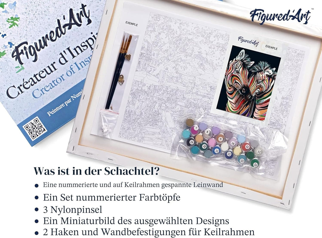 Figured'Art Malen Nach Zahlen Erwachsene Mit Rahmen Buntes Zebrapaar - Paint by Numbers Basteln DIY