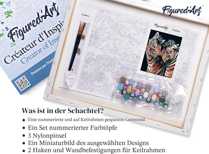 Figured'Art Malen Nach Zahlen Erwachsene Mit Rahmen Buntes Zebrapaar - Paint by Numbers Basteln DIY