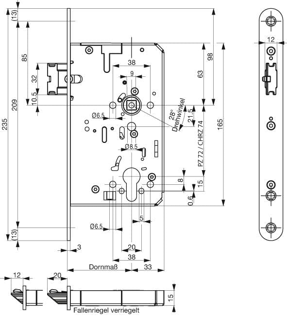BKS Panikschloss, m. AutomatikriegelDorn 65mm, Entf.72mm, Nuss 9mm,DIN RechtsStulp 20x235mm abger.Ed