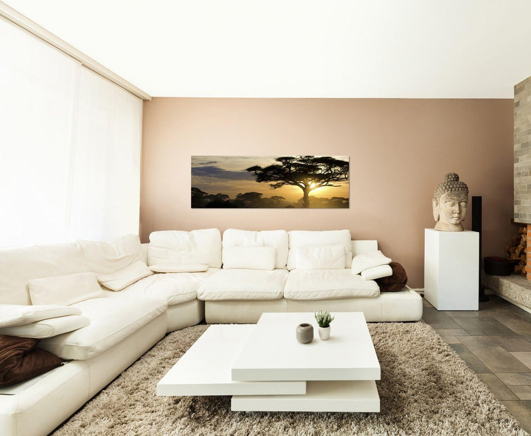 Paul Sinus Art Panoramabild auf Leinwand und Keilrahmen 120x40cm Afrika Landschaft Bäume Sonnenunter