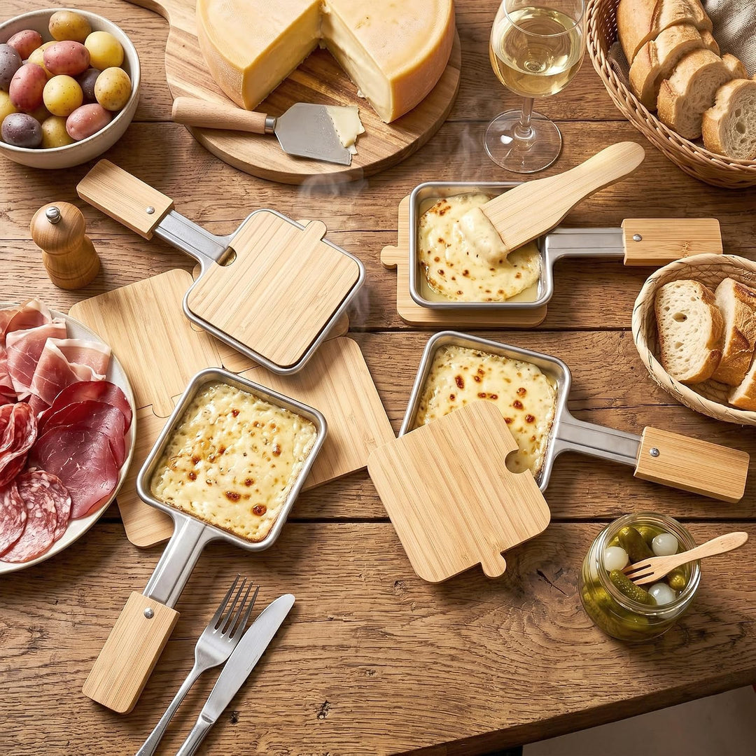4er Set Edelstahl quadratische Raclette-Käsepfannen mit verlängertem Griff &amp; Bambusgriff, 4 Bambussp