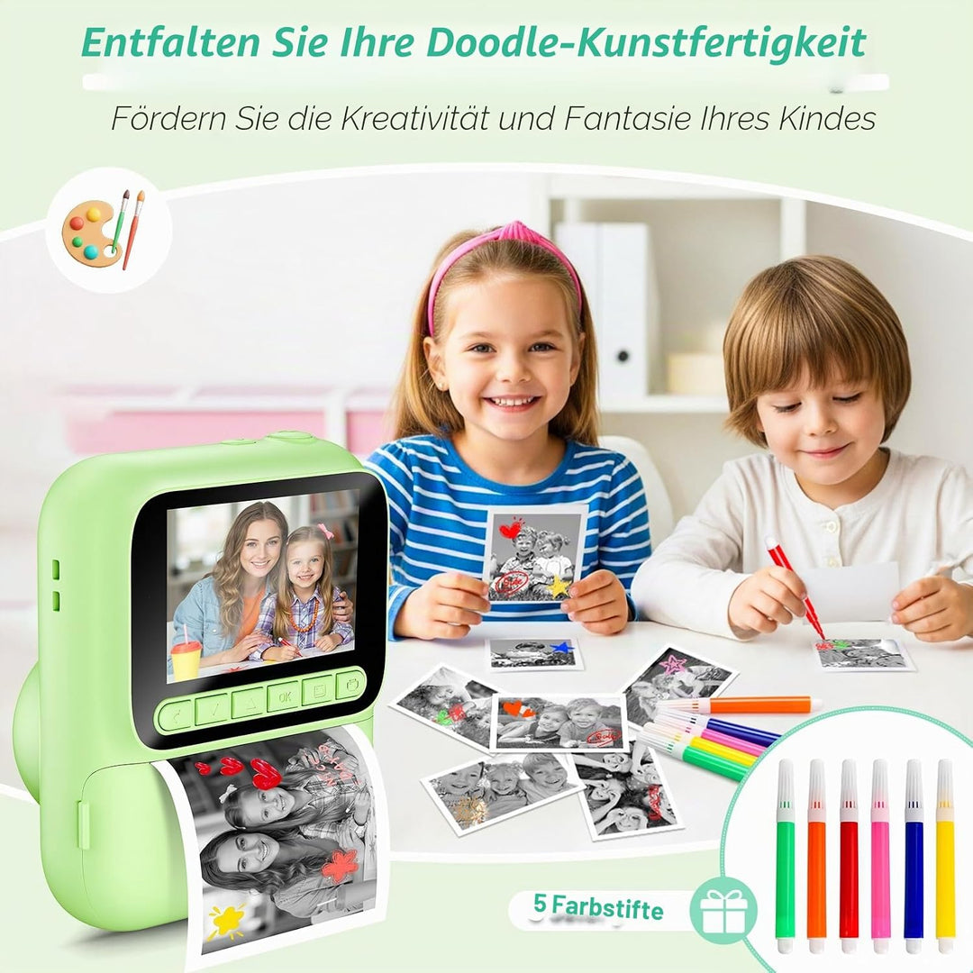 Sofortbildkamera für Kinder,1080P Kinderkamera mit 5 Rollen Druckpapier,32GB-Karte und Farbstiften,