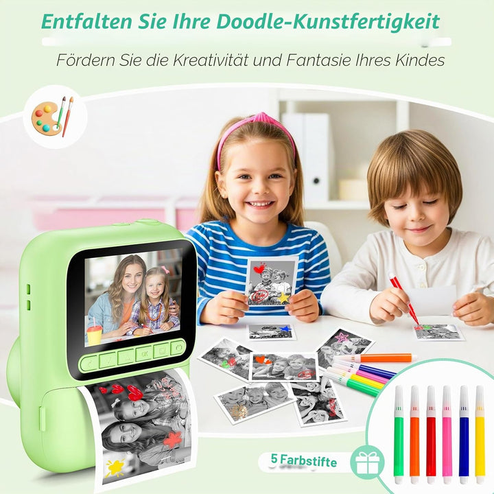 Sofortbildkamera für Kinder,1080P Kinderkamera mit 5 Rollen Druckpapier,32GB-Karte und Farbstiften,