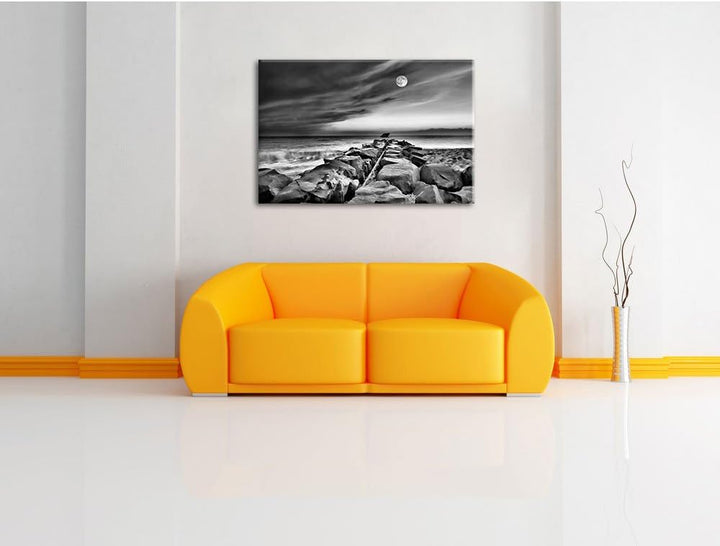 Pixxprint Steinlinie im Meer als Leinwandbild/Grösse: 100x70 cm/Wandbild/Kunstdruck/fertig bespannt,