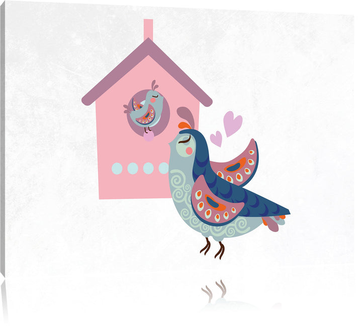 Pixxprint Vogelmutter mit süssem Vogel Baby und Vogelhäuschen weiss, Format: 100x70 auf Leinwand, XX