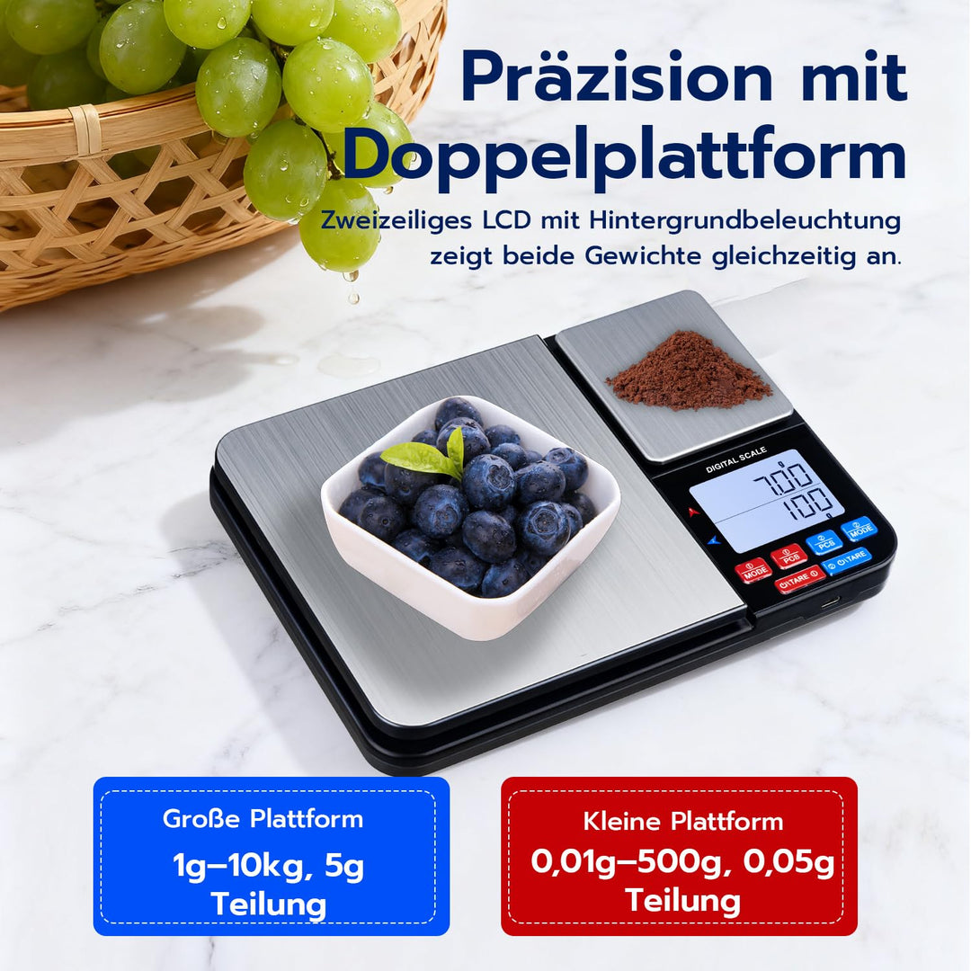 Mcbazel Digitale Küchenwaage mit Doppelplattform, Wiederaufladbare Präzisionswaage 10kg/1g & 500g/0.
