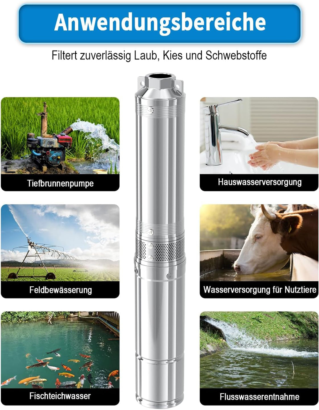 LANCHEZ Tiefbrunnenpumpe, 170 L/min Brunnenpumpe, (Max. Förderhöhe 144M | IP68 | 230V/50Hz | mit 20M