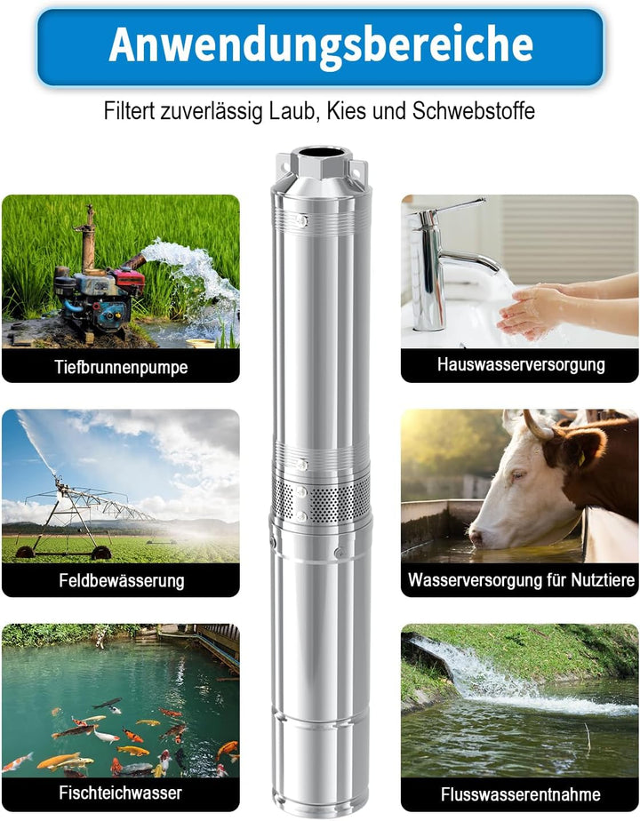 LANCHEZ Tiefbrunnenpumpe, 170 L/min Brunnenpumpe, (Max. Förderhöhe 144M | IP68 | 230V/50Hz | mit 20M