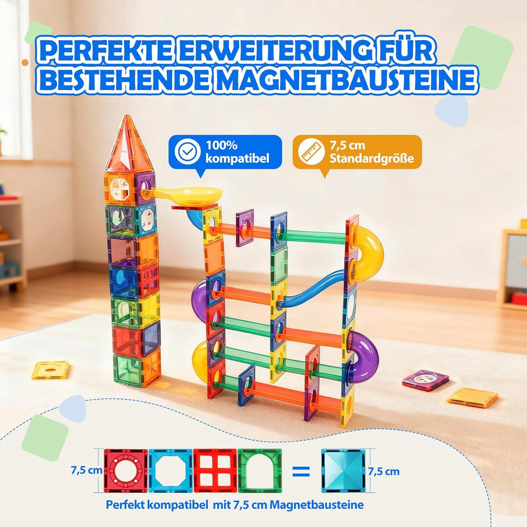 Magnetische Kugelbahn Erweiterungsset 66 Teile – 7,5cm Standardgrösse & 100% kompatibel mit gängigen