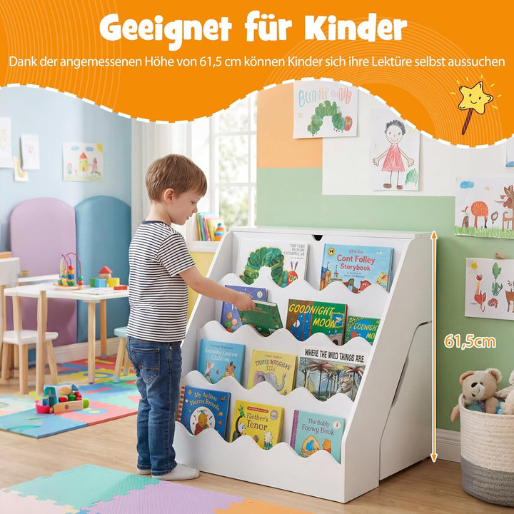 COSTWAY 4 stufiges Kinder Bücherregal, Kinderregal mit aufklappbaren Fach & Schublade auf Rollen, Sp