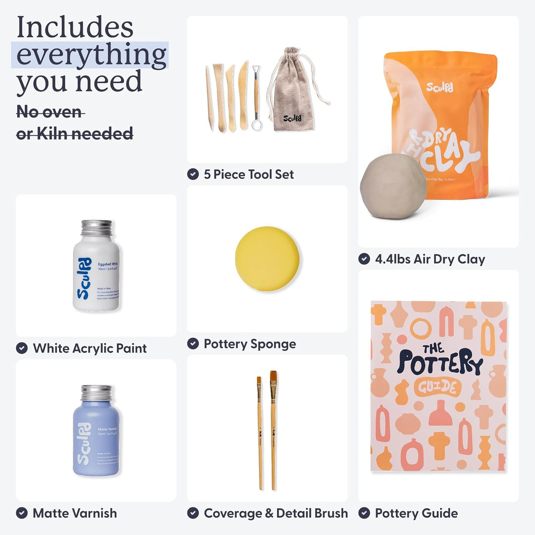 Sculpd Pottery Starter Kit – Komplettes lufttrockenes Ton-Einsteigerset für 2 Erwachsene: Enthält Bi
