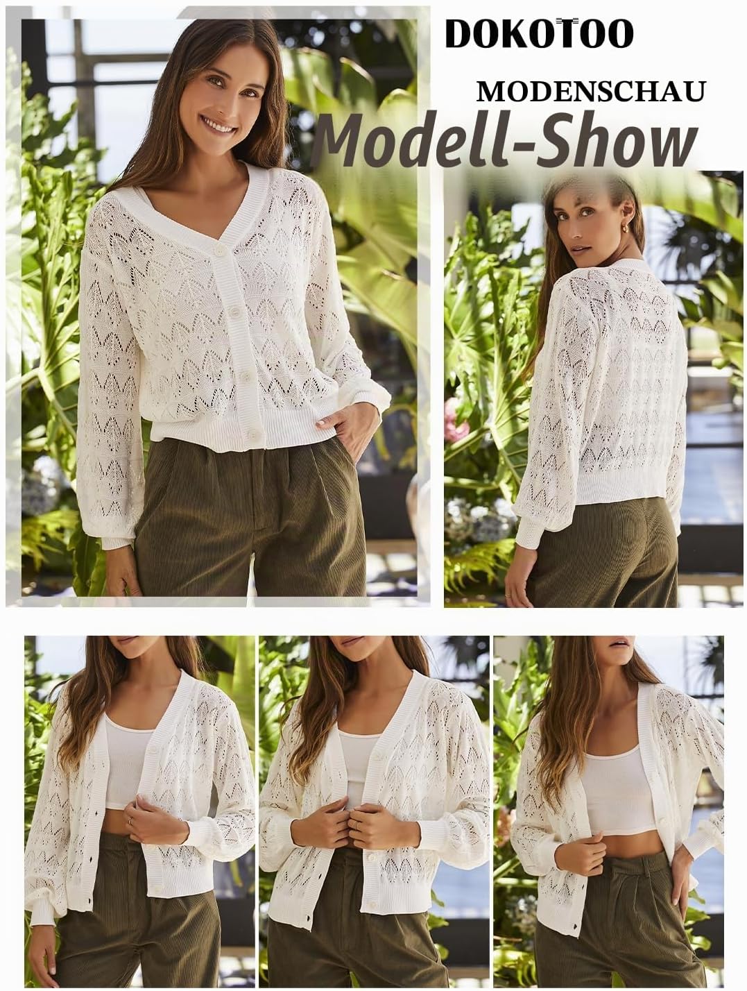 Dokotoo Damen Strickjacke V-Ausschnitt Kurzer Cardigan Elegant Langarm Leichter Strickpullover mit K