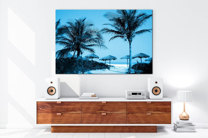 deyoli exotischer Palmenstrand Format: 60x40 Effekt: Monocrome Blau als Leinwand, Motiv fertig gerah