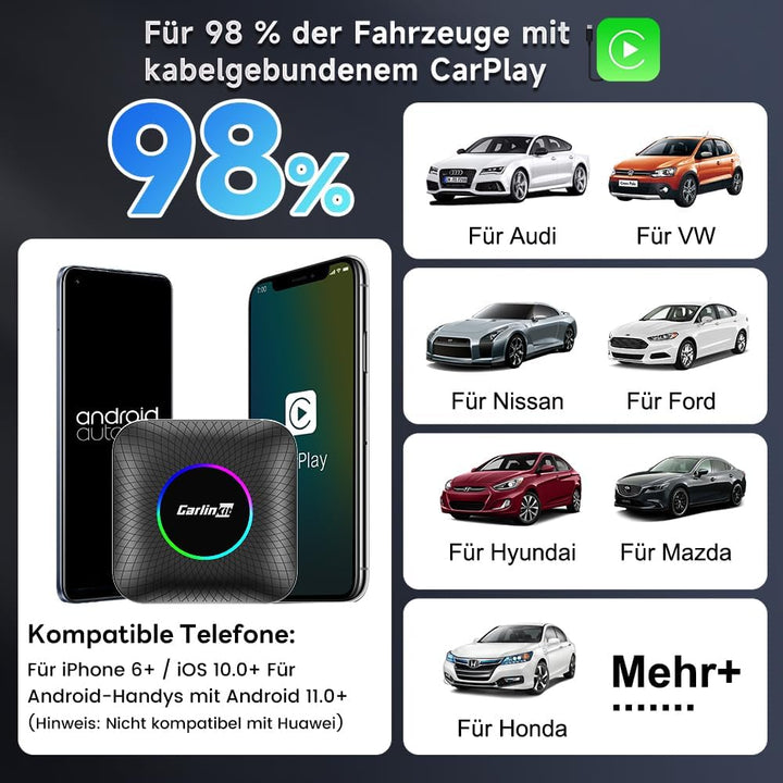 CARLINKIT Neue Android 13 AI Box LED Ambient: Kabelloser CarPlay/Android Auto-Adapter, Qualcomm SM 6