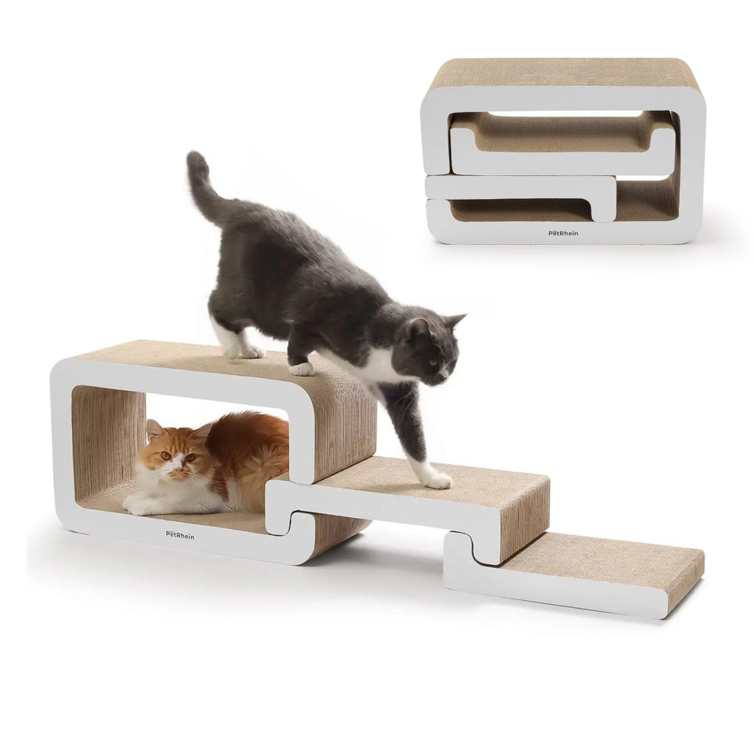 PetRhein 3-in-1 Kratzbrett, Gross XXL Kratzpappe für Katzen,Multifunktionales Kratzmöbel mit Rampe &