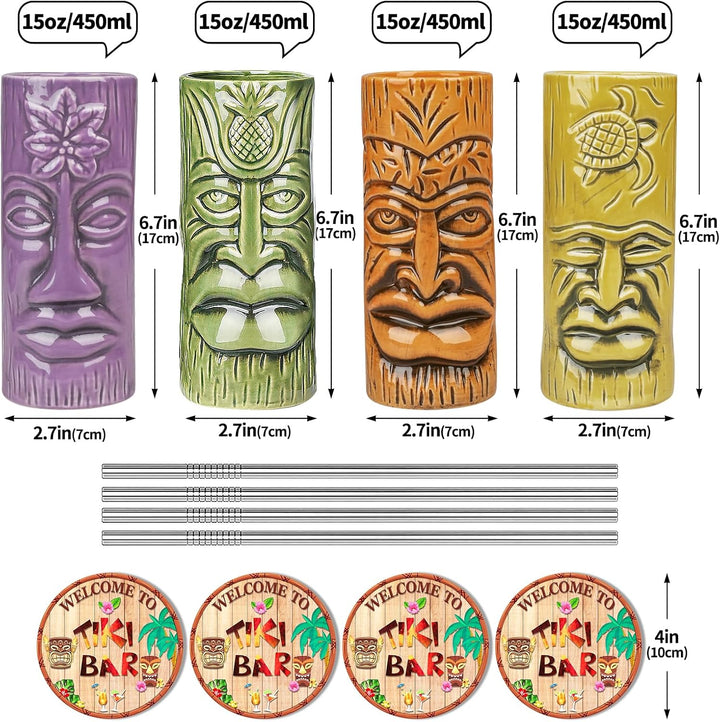 Tiki-Tassen-Set, Hawaii-Party-Becher aus Keramik mit Untersetzer, für Cocktails, hochwertiges Tassen