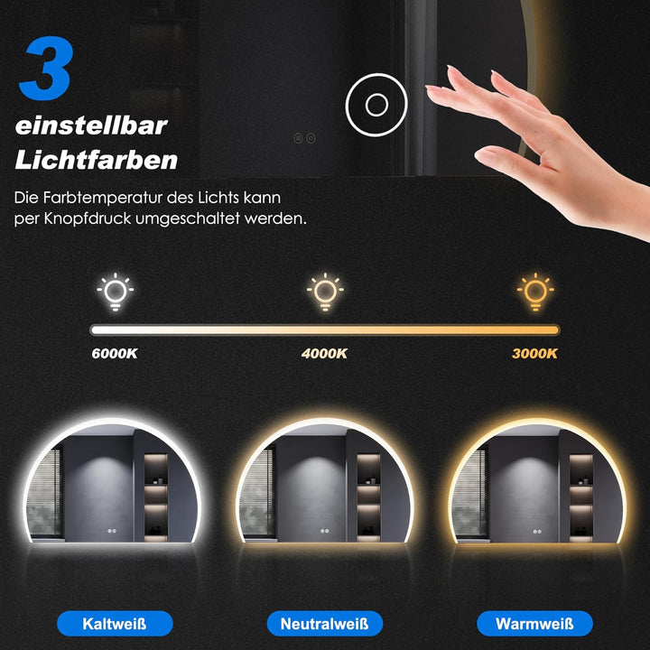 SONNI Badspiegel mit Beleuchtung Halbrund 70x50 cm, LED Spiegel mit Touch-Schalter und Dimmbar, Besc