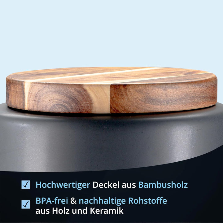KHG Kartoffel Zwiebel Knoblauch Aufbewahrung 3er Set, Keramik Steingut poliert, Anthrazit Grau Holz