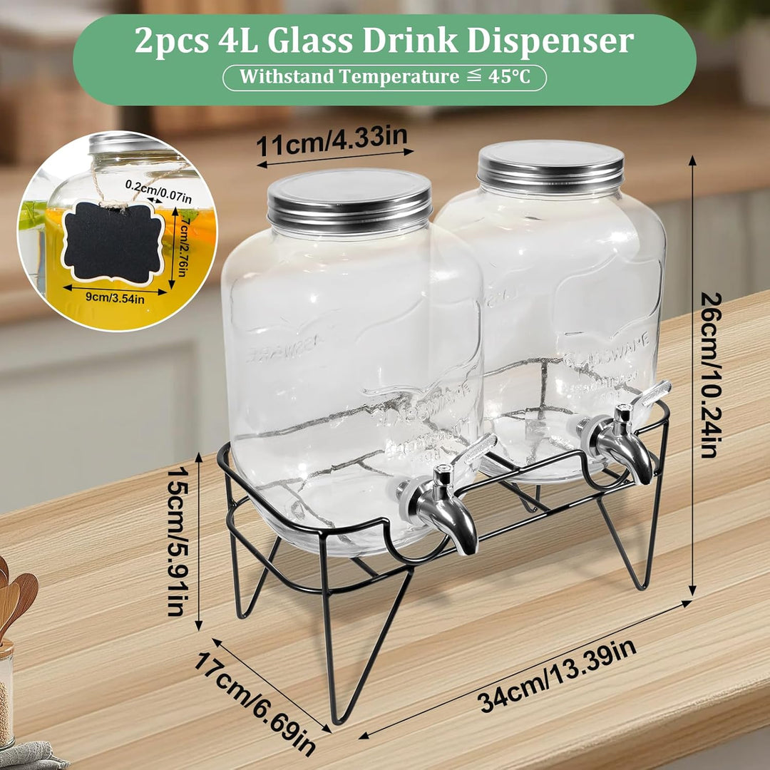 2 x 4L Glas Getränkespender, Getränkespender mit Rostfreiem Wasserhahn, Glas-Wasser-Saft-Spender mit