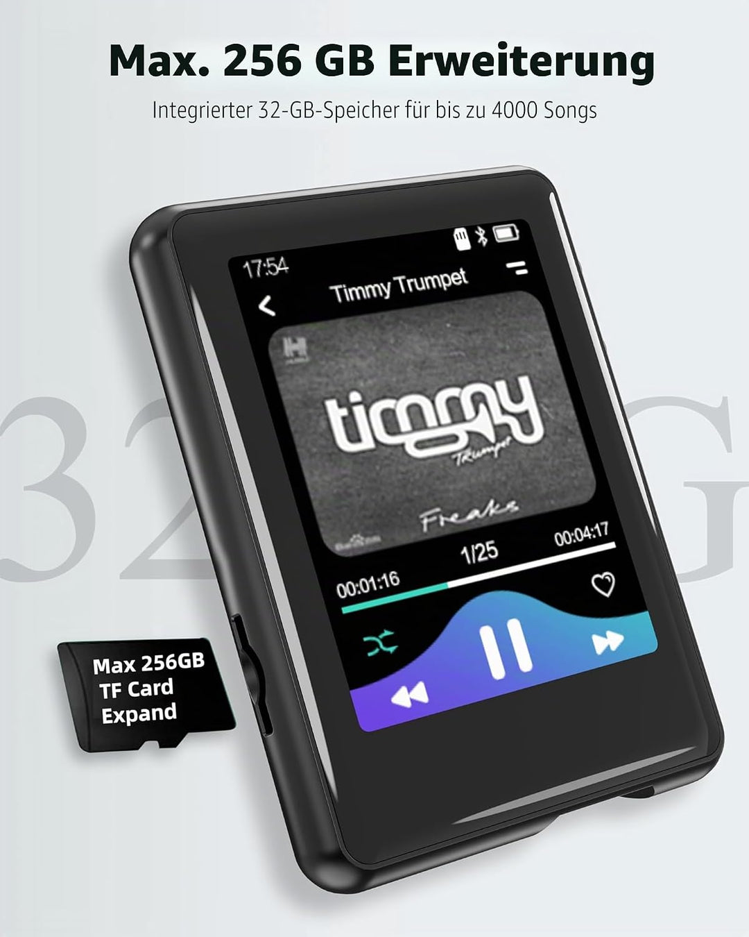 32GB MP3 Player mit Bluetooth 5.3, 2,4 Zoll Full-Touchscreen, Tragbarer mp3 Player Kinder mit Lautsp