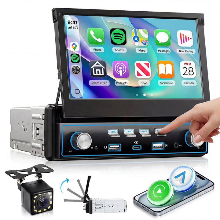 VECHTEL Autoradio 1 Din Carplay Android Auto Wireless mit 7 Zoll Manuell ausziehbarer Bildschirm mit