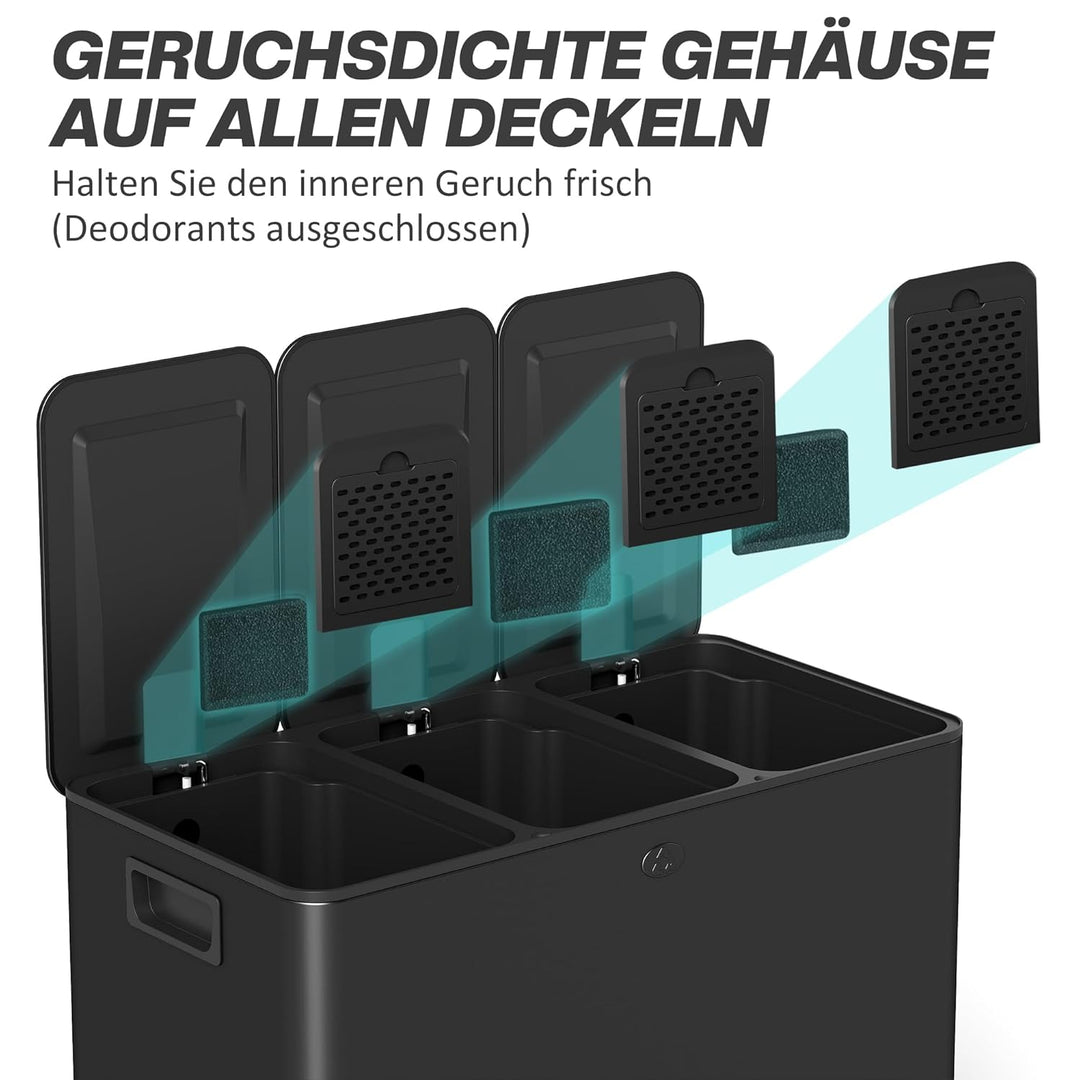 HOMCOM Mülleimer Küche 3 x 15 L Treteimer mit Softclose-Deckel und Pedal Mülltrennsystem 3 Fächer in