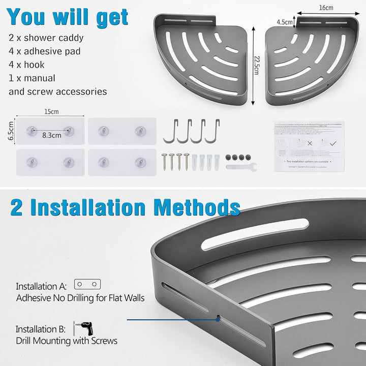 GERUIKE Duschregal Duschablage Ecke Ohne Bohren Duschkorb Wandmontage Klebepad Grau Matt Aluminium 2