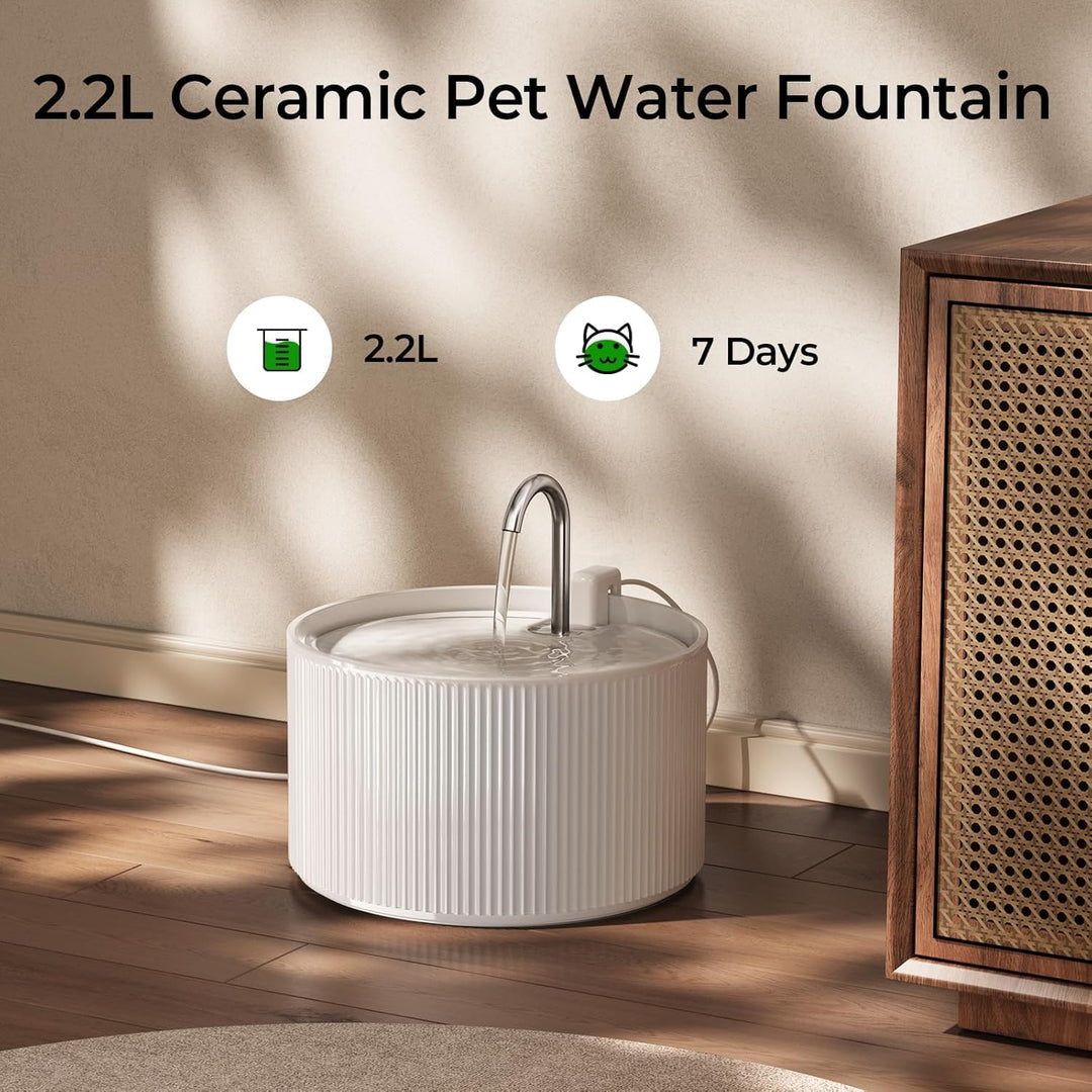 Voluas Keramik Katzenbrunnen 2,2L – Trinkbrunnen Katze mit Ultra-Leiser Pumpe, Leiser Wasserspender