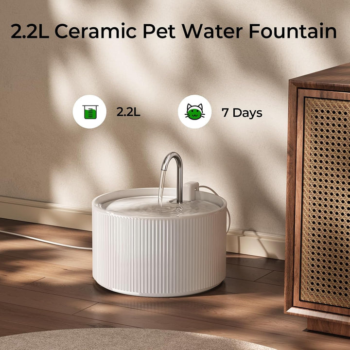 Voluas Keramik Katzenbrunnen 2,2L – Trinkbrunnen Katze mit Ultra-Leiser Pumpe, Leiser Wasserspender