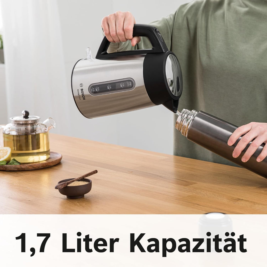 Bosch kabelloser Wasserkocher DesignLine TWK4P440, Ausgiessen ohne Spritzer, Tassenanzeige, Wasserst