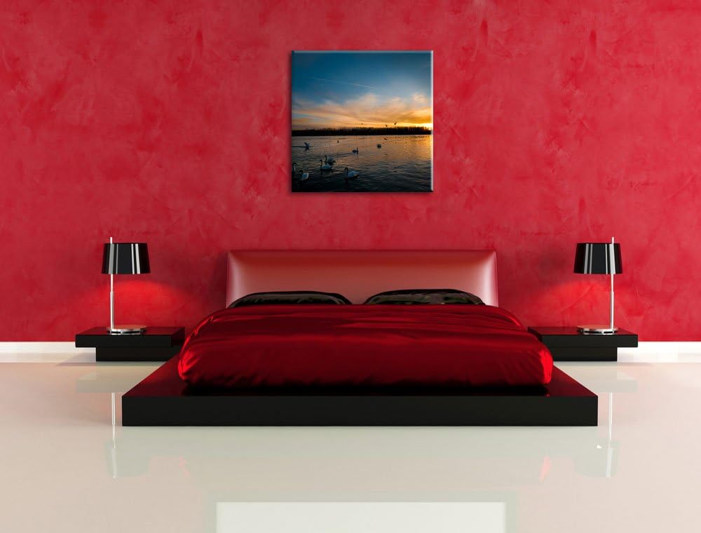 Schwäne im Sonnenuntergang, Format: 70x70 auf Leinwand, XXL riesige Bilder fertig gerahmt mit Keilra