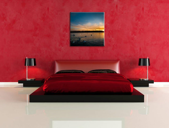 Schwäne im Sonnenuntergang, Format: 70x70 auf Leinwand, XXL riesige Bilder fertig gerahmt mit Keilra