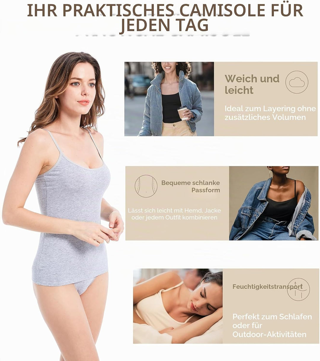 Comfneat Damen 4-Pack Spaghetti Tops Slim-Fit Verstellbare Träger Camisole Baumwolle Elasthan Unterh