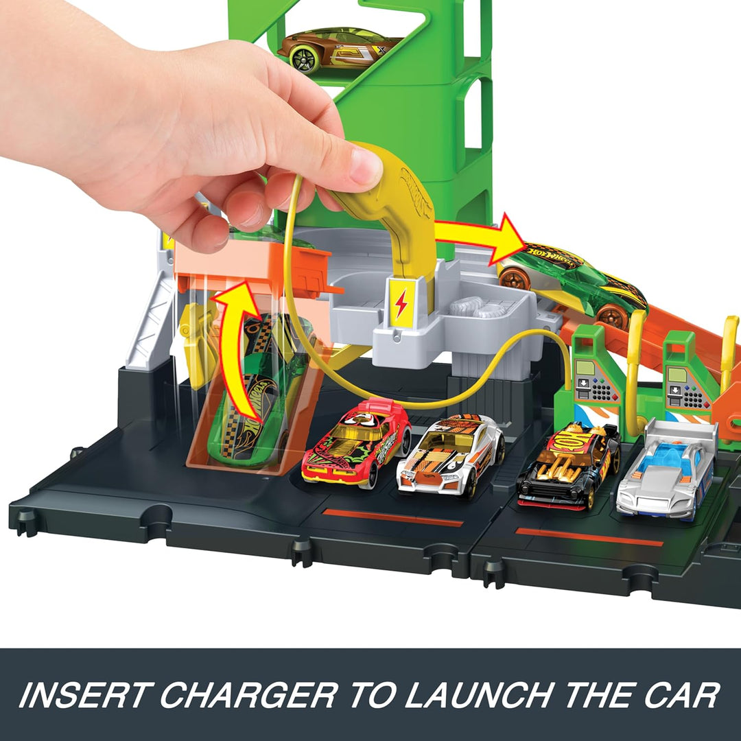Hot Wheels Let's Race Netflix - City Superladung Tankstelle-Spielset mit Ladestationen für Elektrofa