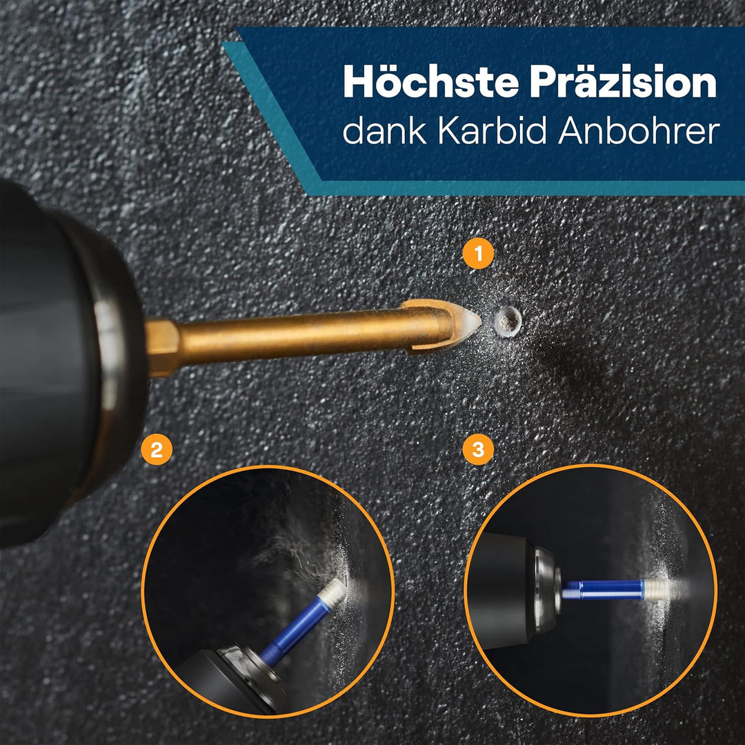 WERKSTEIN Fliesenbohrer Set - 6I8I10I12mm Glasbohrer & 6mm Karbid-Anbohrer - Diamantbohrer zum Bohre