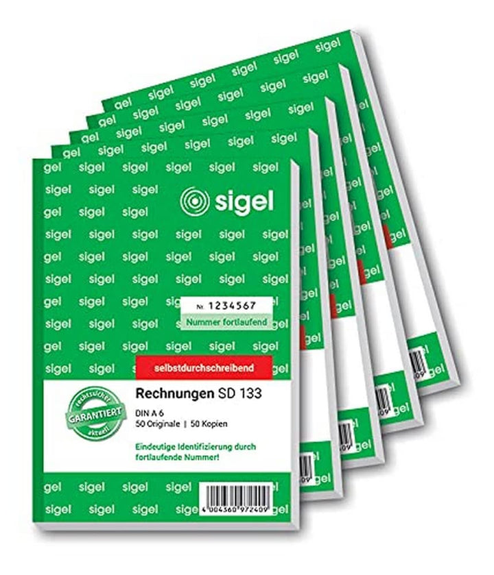 SIGEL SD133/5 Rechnungen fortlaufend nummeriert, A6, 2x50 Blatt, selbstdurchschreibend, 5er Pack 5 S