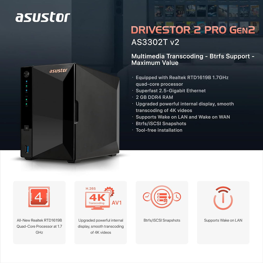 Asustor Drivestor 2 Pro Gen2 AS3302T v2, 2 Bay NAS Gehäuse Netzwerkspeicher, 1.7GHz Quad-Core, 2.5Gb