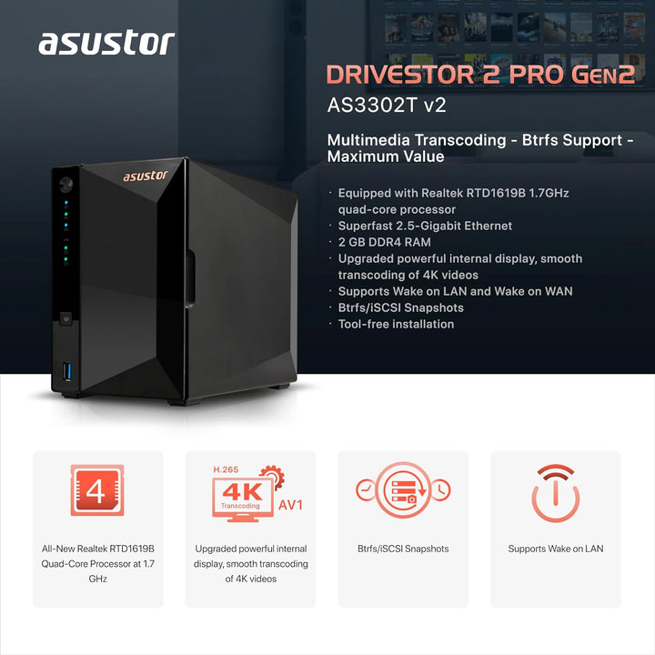 Asustor Drivestor 2 Pro Gen2 AS3302T v2, 2 Bay NAS Gehäuse Netzwerkspeicher, 1.7GHz Quad-Core, 2.5Gb