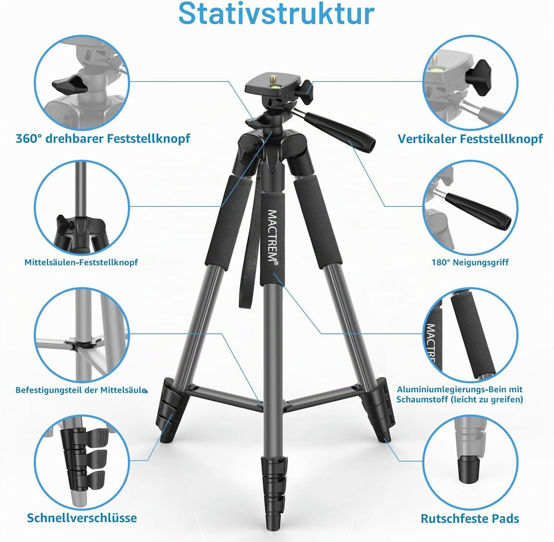 Handy Stativ, Upgrade 165cm / 65" Kamera Stativ für Smartphone iPad, 360° Drehung Tragbar Tripod mit