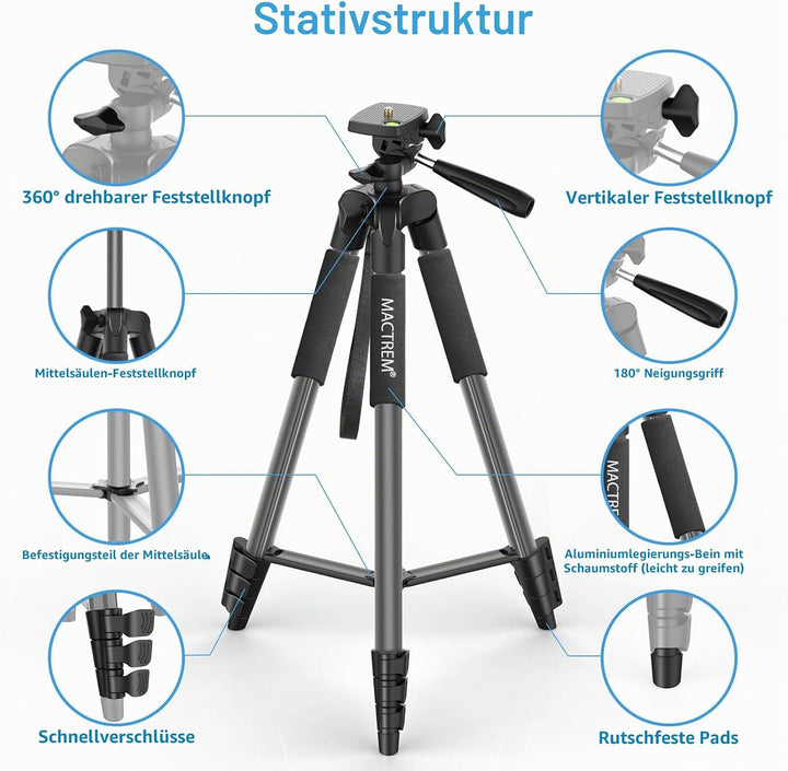 Handy Stativ, Upgrade 165cm / 65" Kamera Stativ für Smartphone iPad, 360° Drehung Tragbar Tripod mit