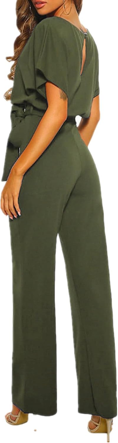 Bipily Damen Kurzarm Lang Jumpsuit Elegant Overall Jumpsuits O-Ausschnitt Playsuit Romper Hosenanzug