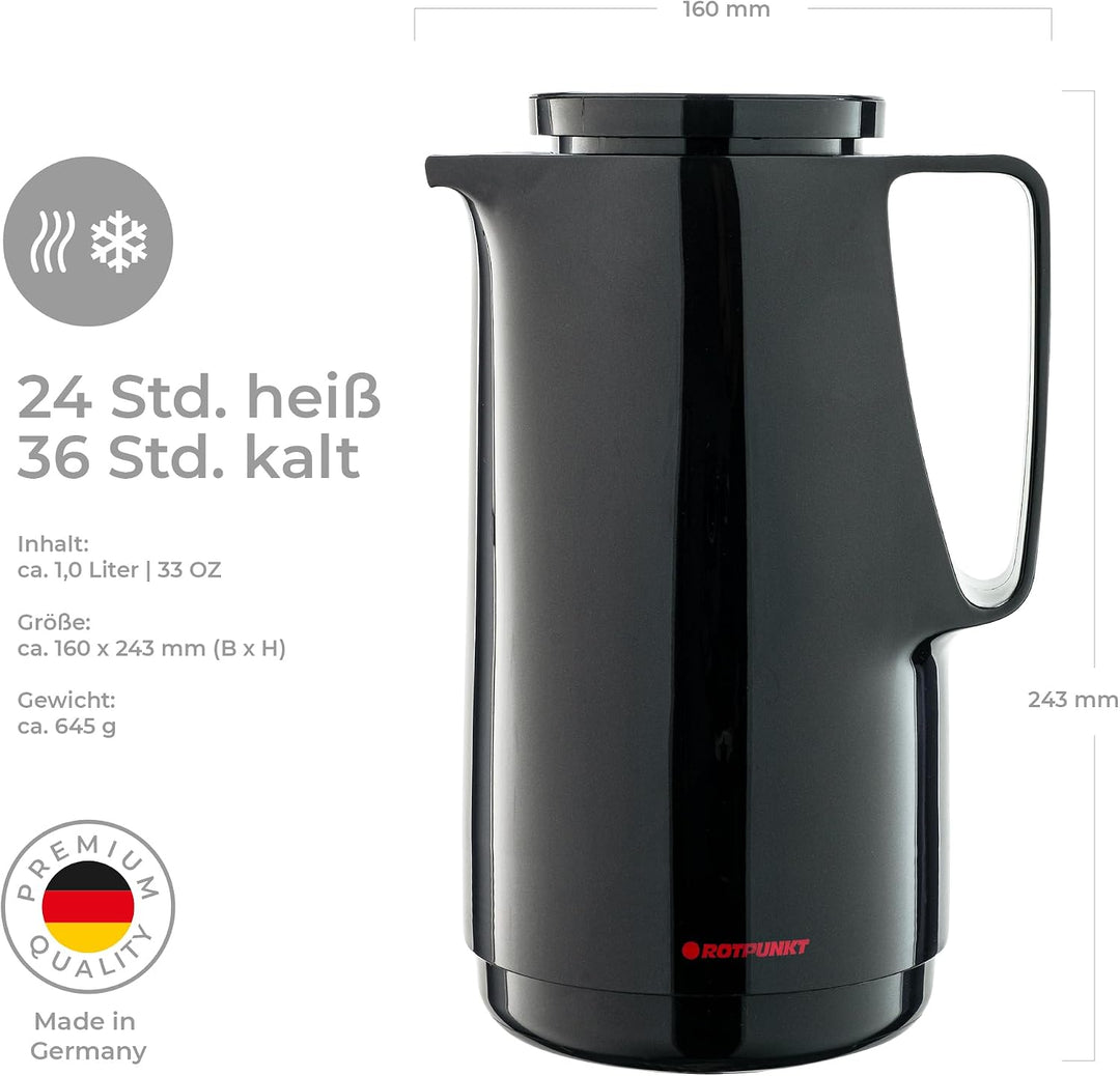 ROTPUNKT Isolierkanne 1 Liter mit Glaseinsatz – Thermokanne & Warmhaltekanne für Kaffee und Tee - Ma