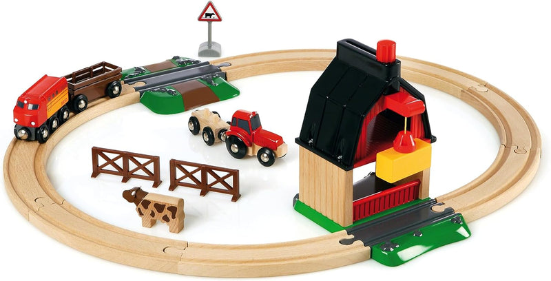 BRIO World 33719 Bahn Bauernhof Set - Holzeisenbahn mit Bauernhof, Tieren und Holzschienen - Kleinki