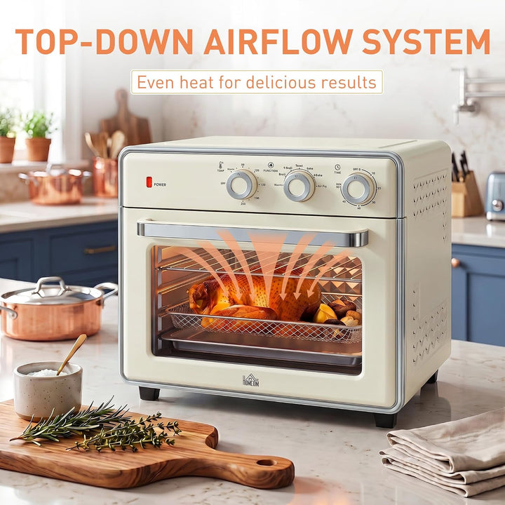 HOMCOM Minibackofen 20L, 5 in 1 Pizza-Ofen inkl. Backblech Set, Frittierkorb, Krümelblech, 1 Std. Ti